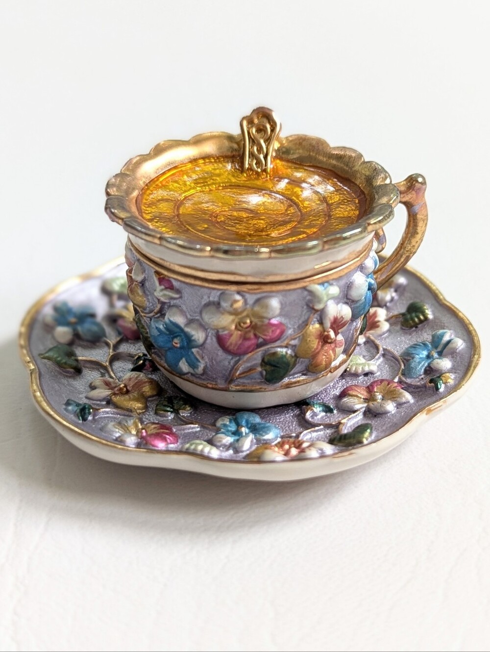 Vtg Mini Enamel Teacup And Saucer Trinket Box Pill Box Keepsake Pansies